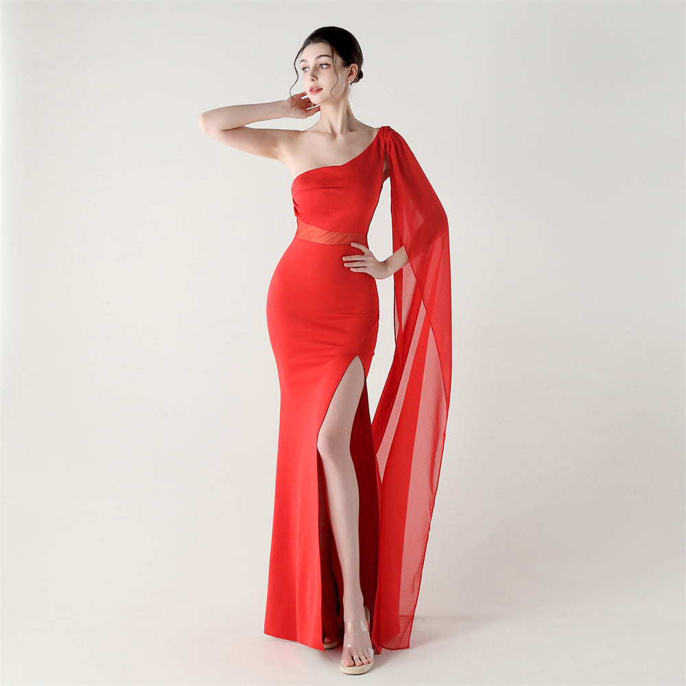 Fallen Shoulder Drape Gala Dress