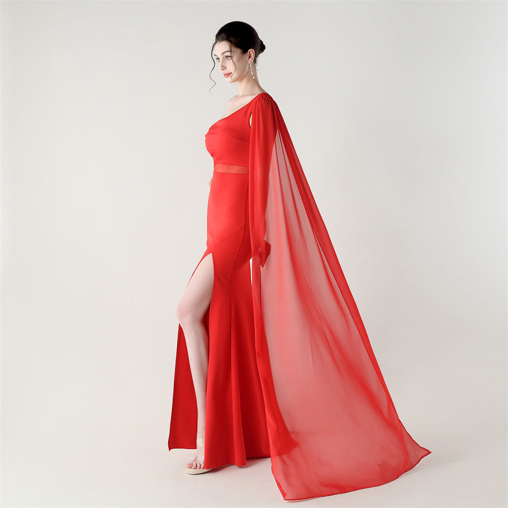 Fallen Shoulder Drape Gala Dress