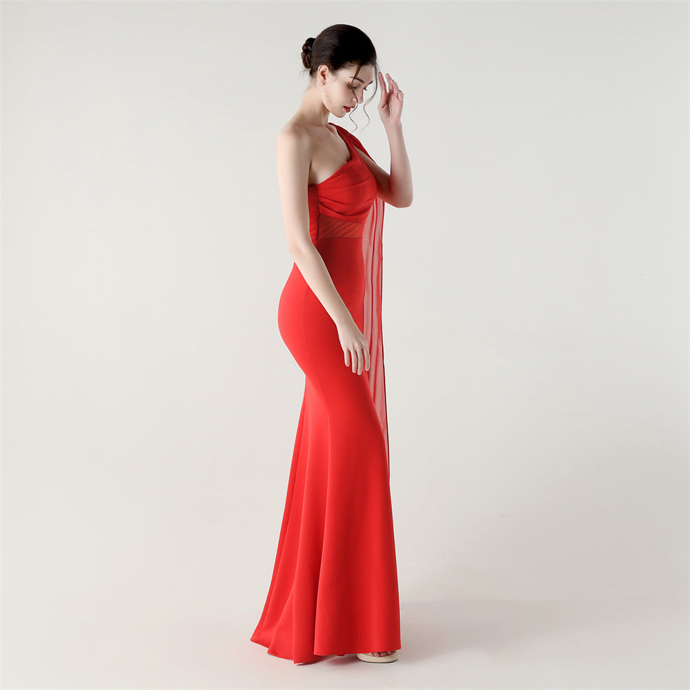 Fallen Shoulder Drape Gala Dress
