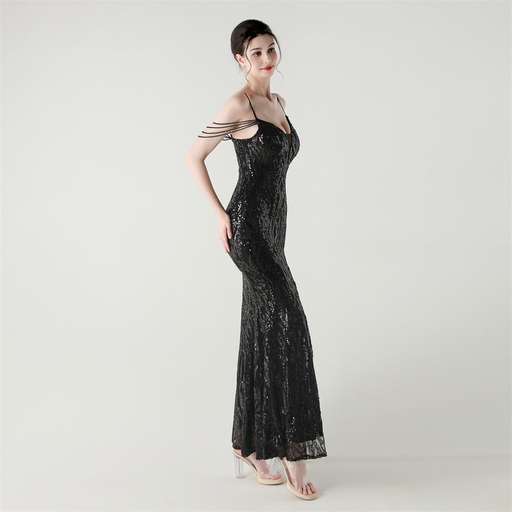 Sequin Shoulder Cascade Open-Shoulder Gown