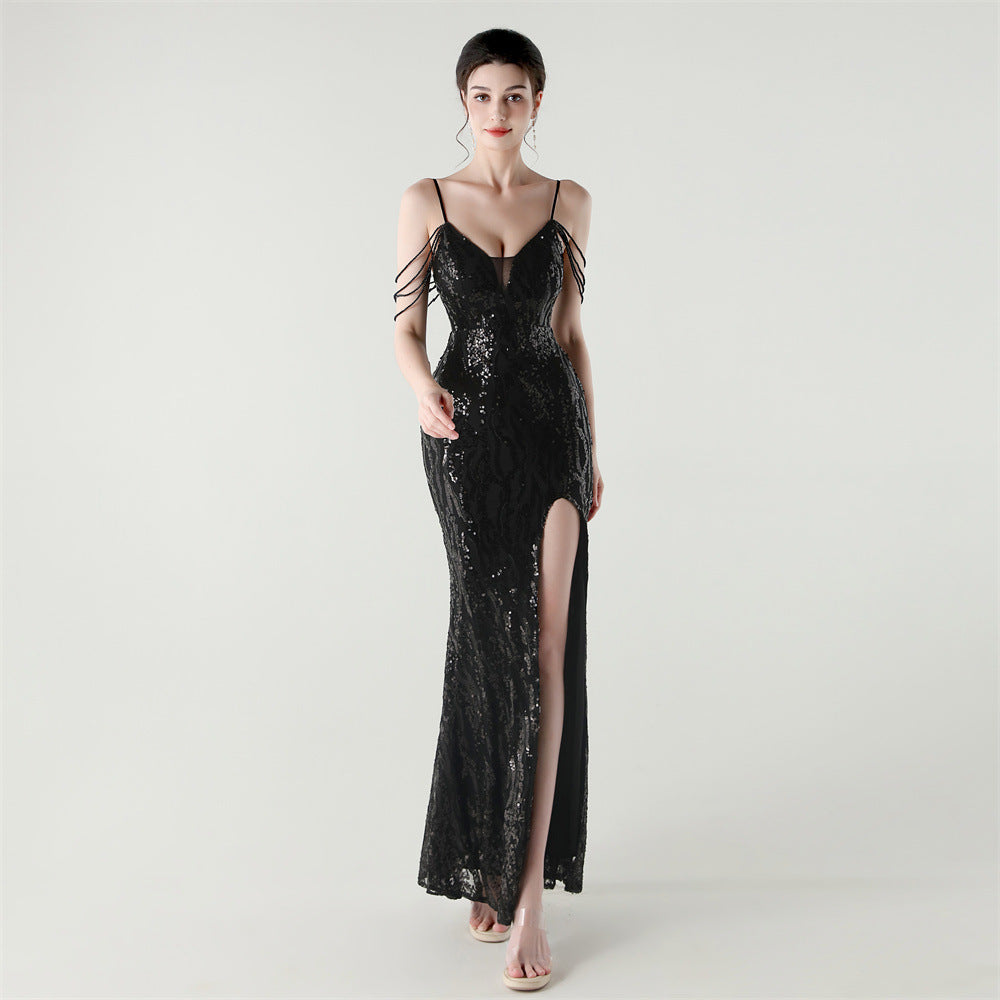 Sequin Shoulder Cascade Open-Shoulder Gown