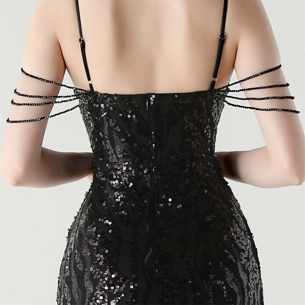 Sequin Shoulder Cascade Open-Shoulder Gown