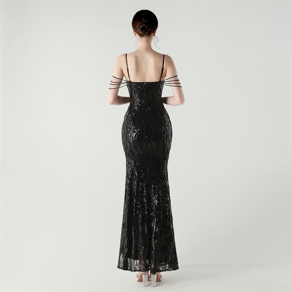 Sequin Shoulder Cascade Open-Shoulder Gown