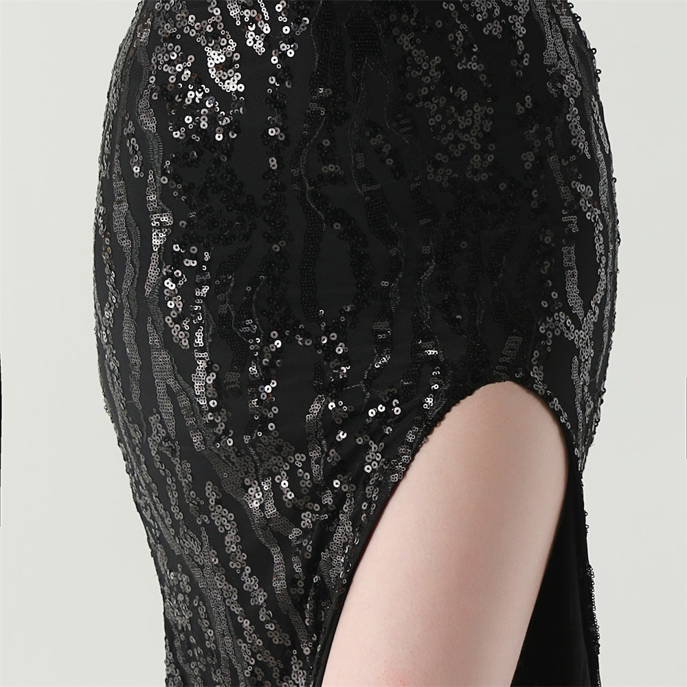 Sequin Shoulder Cascade Open-Shoulder Gown