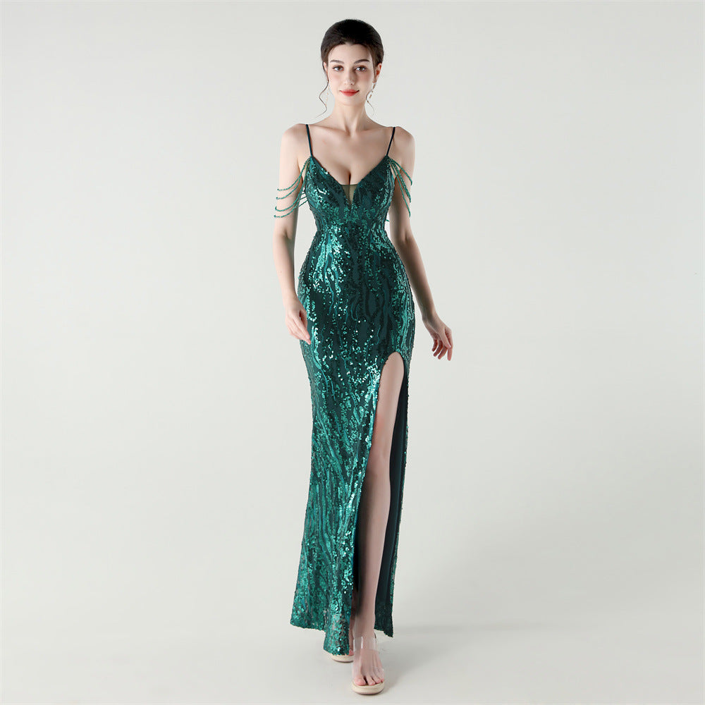 Sequin Shoulder Cascade Open-Shoulder Gown