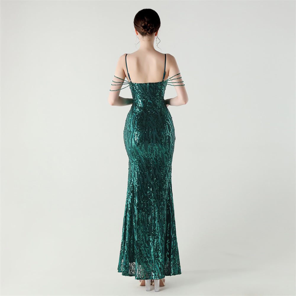 Sequin Shoulder Cascade Open-Shoulder Gown