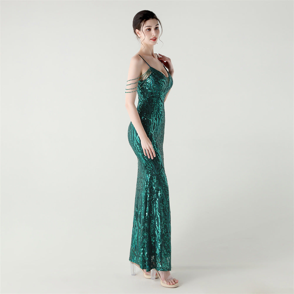Sequin Shoulder Cascade Open-Shoulder Gown
