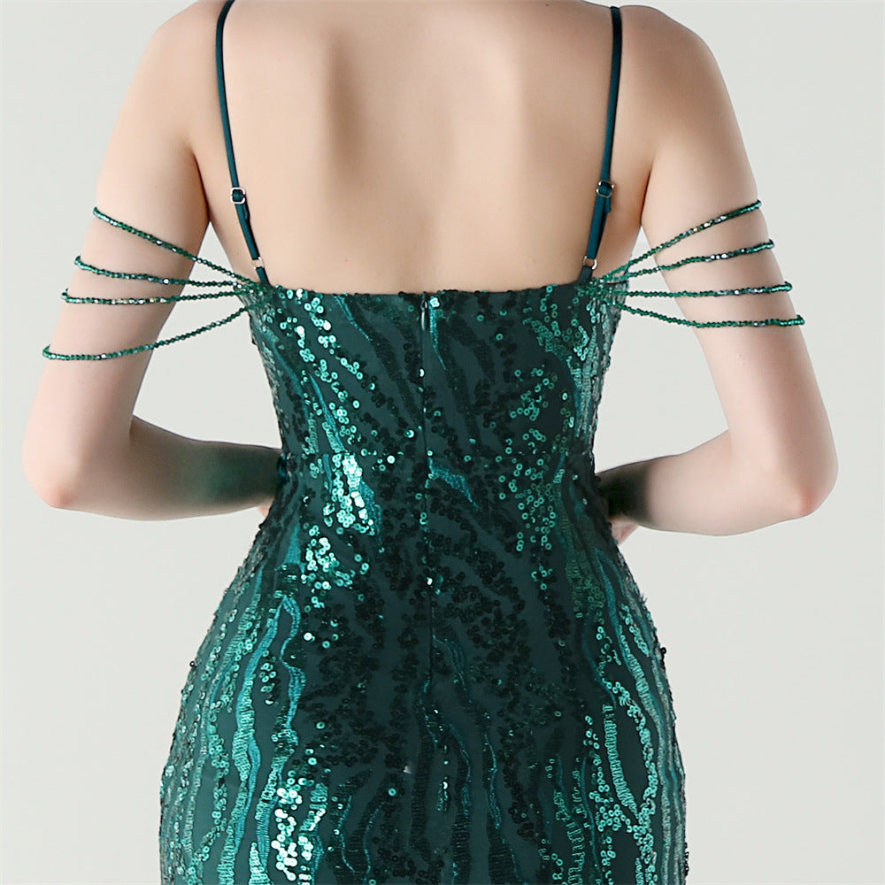 Sequin Shoulder Cascade Open-Shoulder Gown