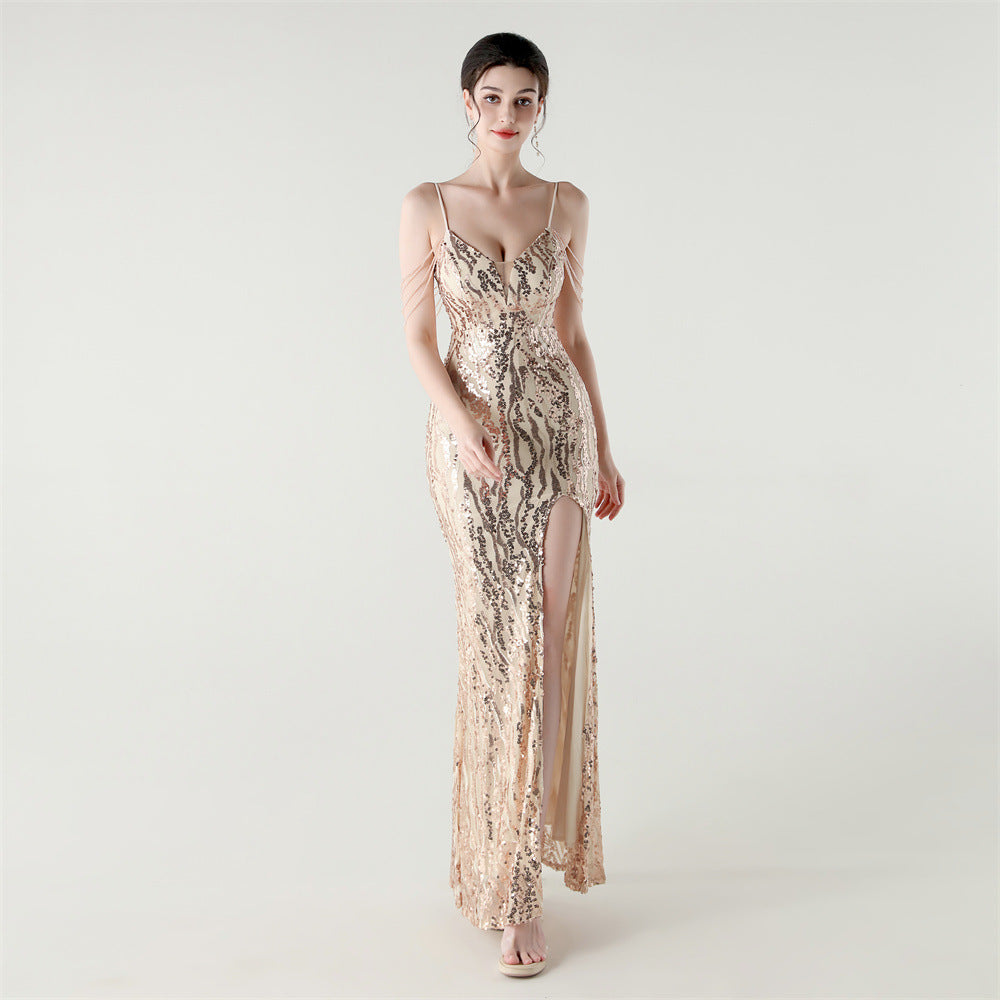 Sequin Shoulder Cascade Open-Shoulder Gown