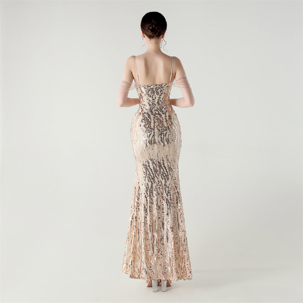 Sequin Shoulder Cascade Open-Shoulder Gown