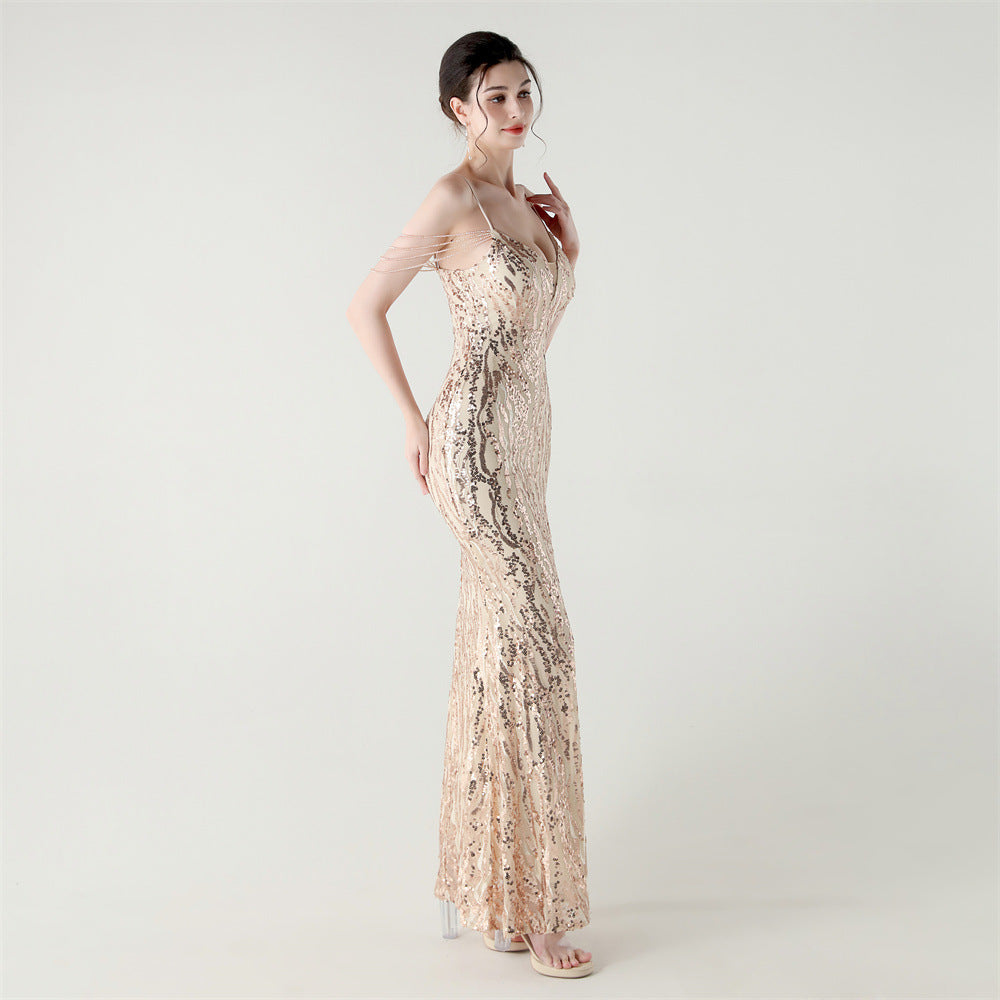 Sequin Shoulder Cascade Open-Shoulder Gown