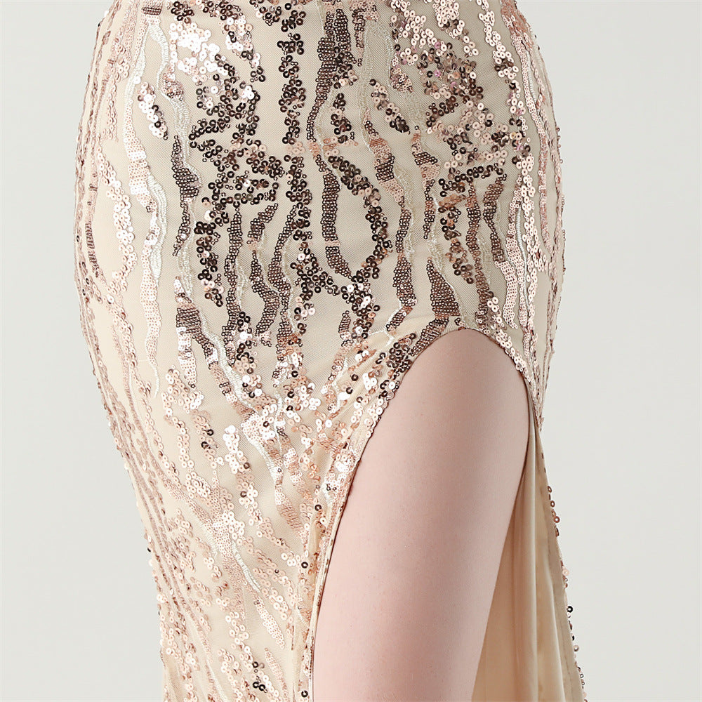 Sequin Shoulder Cascade Open-Shoulder Gown