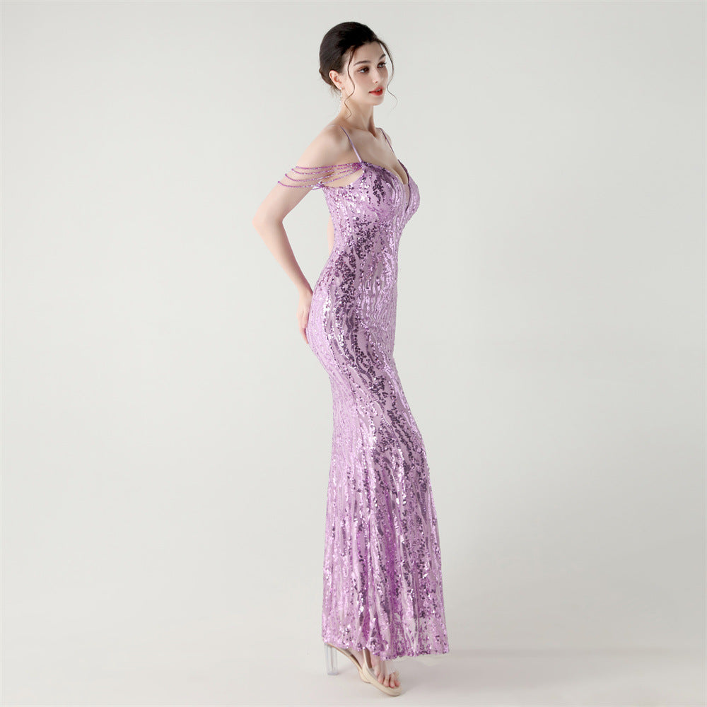 Sequin Shoulder Cascade Open-Shoulder Gown