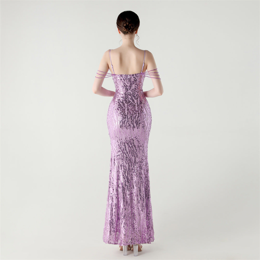 Sequin Shoulder Cascade Open-Shoulder Gown