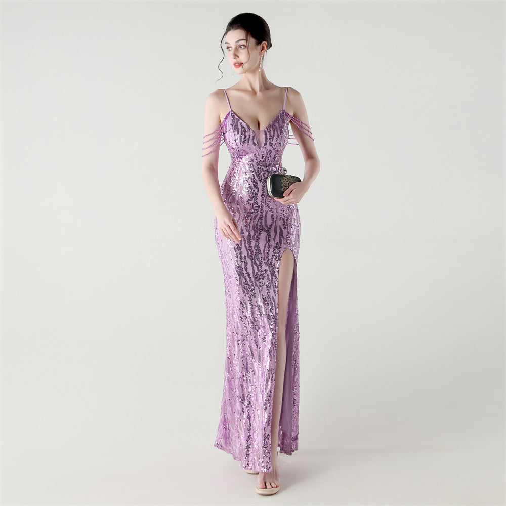 Sequin Shoulder Cascade Open-Shoulder Gown