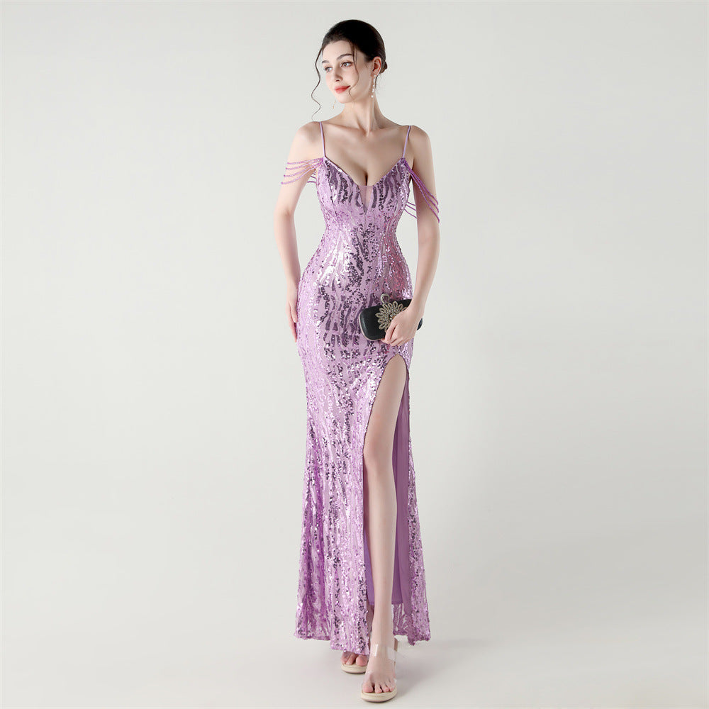 Sequin Shoulder Cascade Open-Shoulder Gown