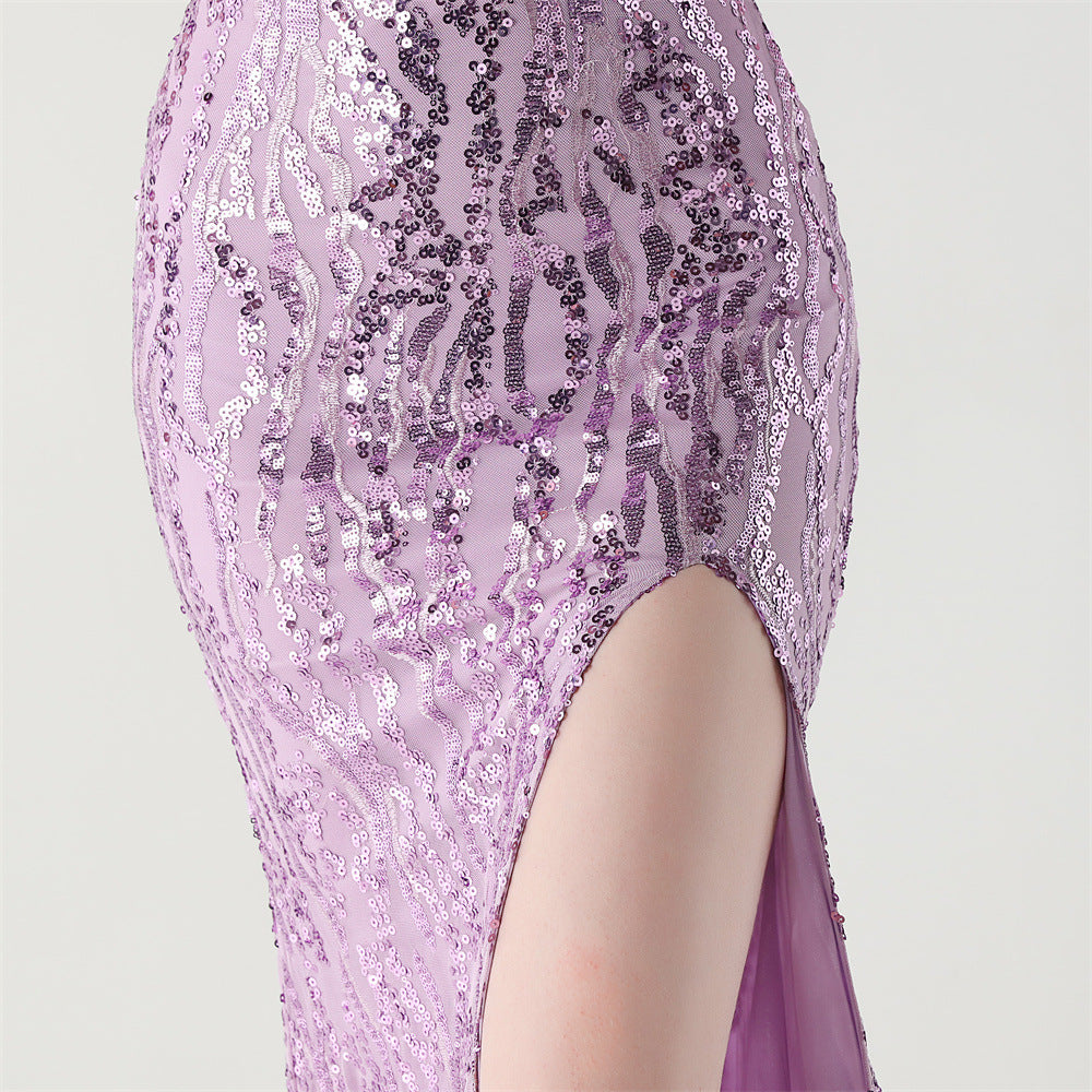 Sequin Shoulder Cascade Open-Shoulder Gown