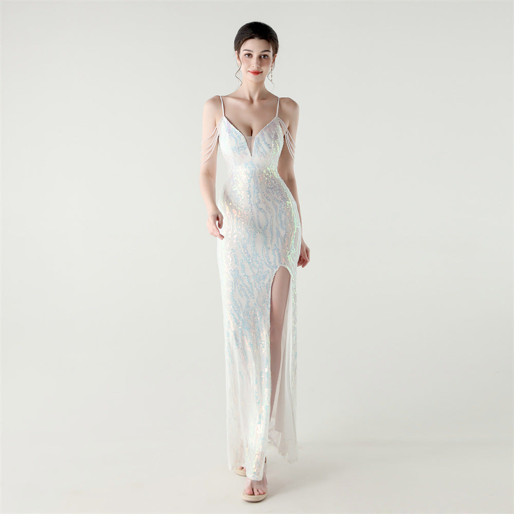 Sequin Shoulder Cascade Open-Shoulder Gown