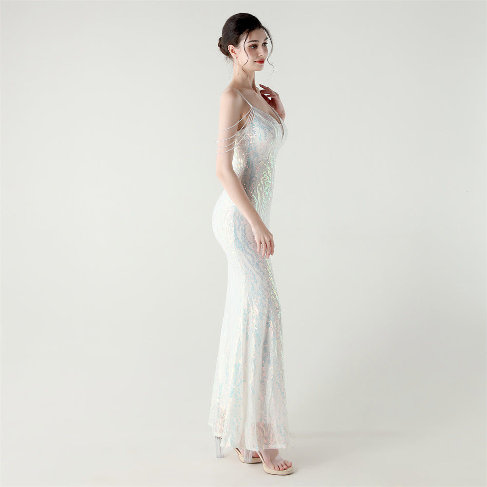 Sequin Shoulder Cascade Open-Shoulder Gown