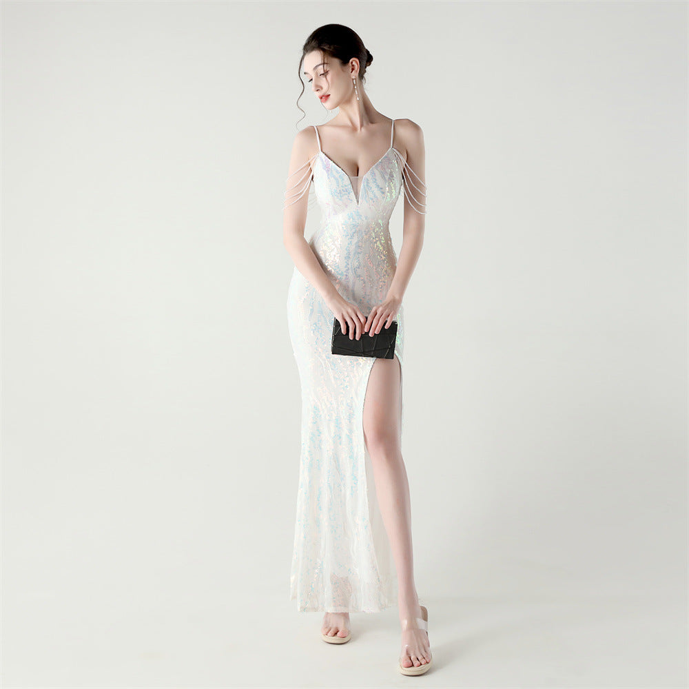 Sequin Shoulder Cascade Open-Shoulder Gown