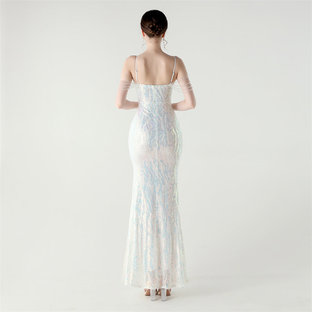 Sequin Shoulder Cascade Open-Shoulder Gown