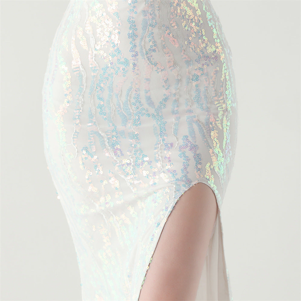 Sequin Shoulder Cascade Open-Shoulder Gown