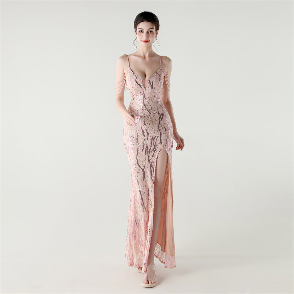Sequin Shoulder Cascade Open-Shoulder Gown