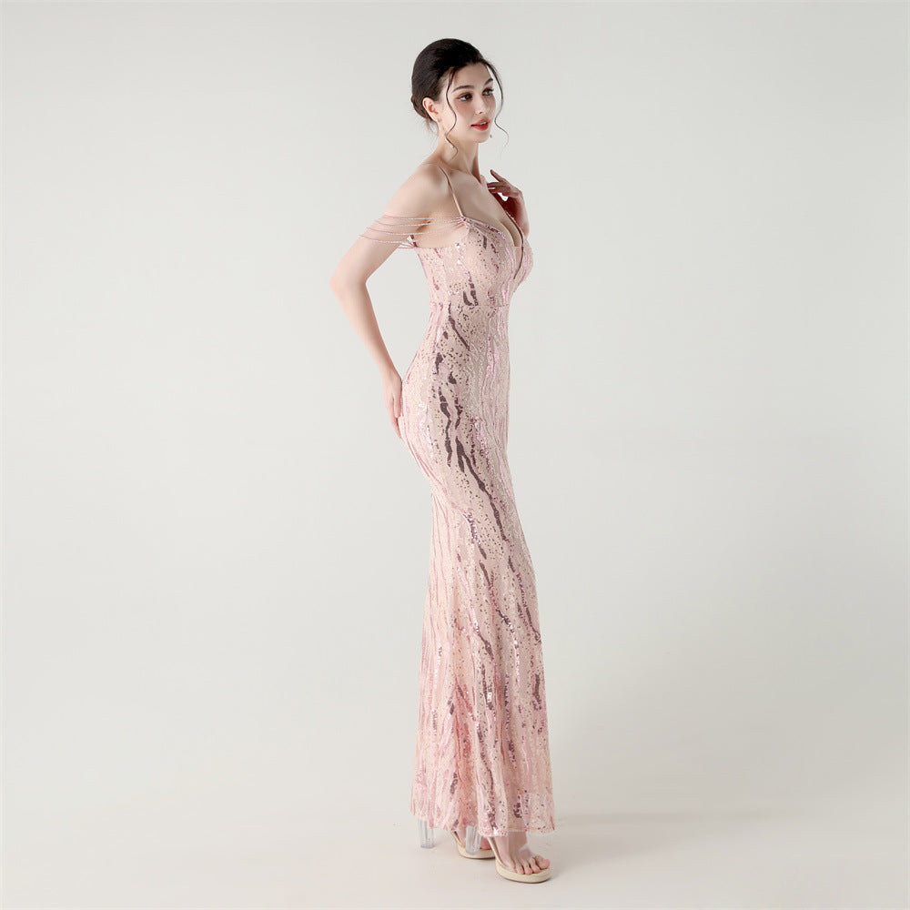 Sequin Shoulder Cascade Open-Shoulder Gown