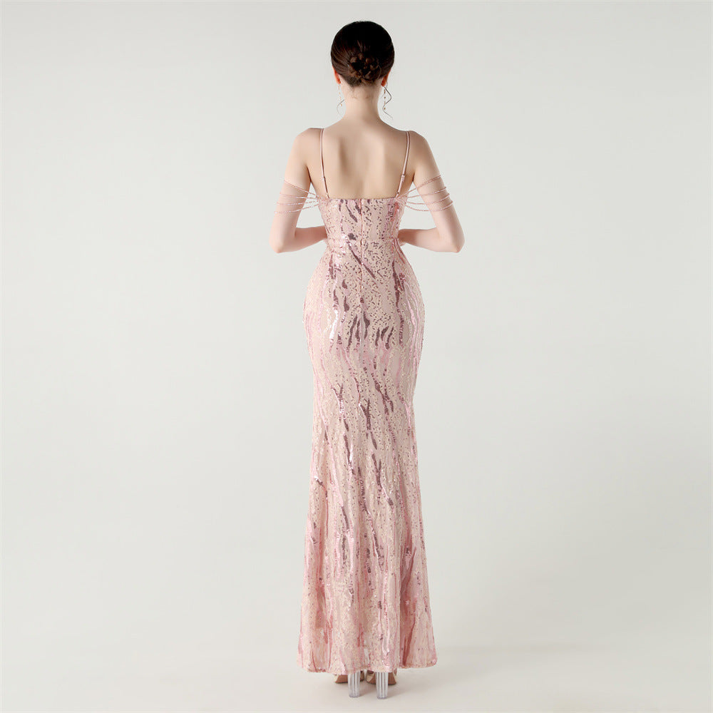 Sequin Shoulder Cascade Open-Shoulder Gown