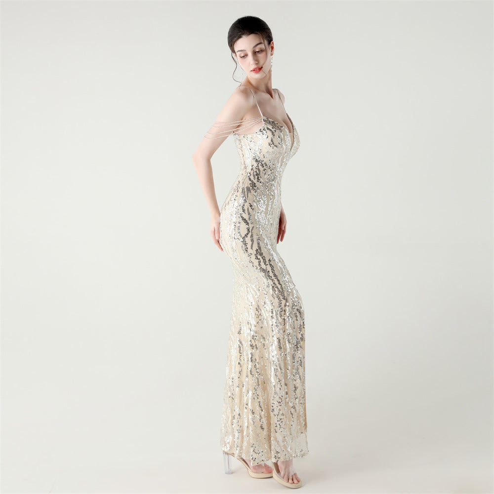 Sequin Shoulder Cascade Open-Shoulder Gown