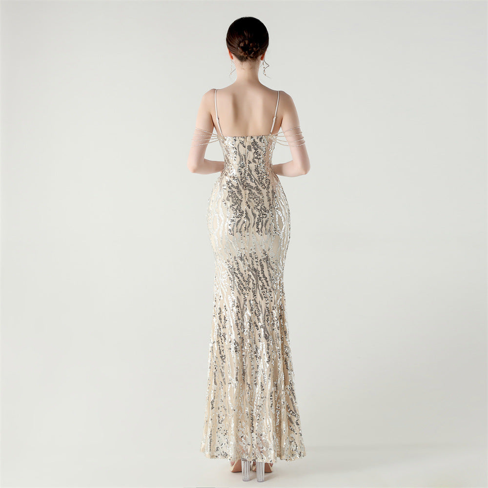 Sequin Shoulder Cascade Open-Shoulder Gown