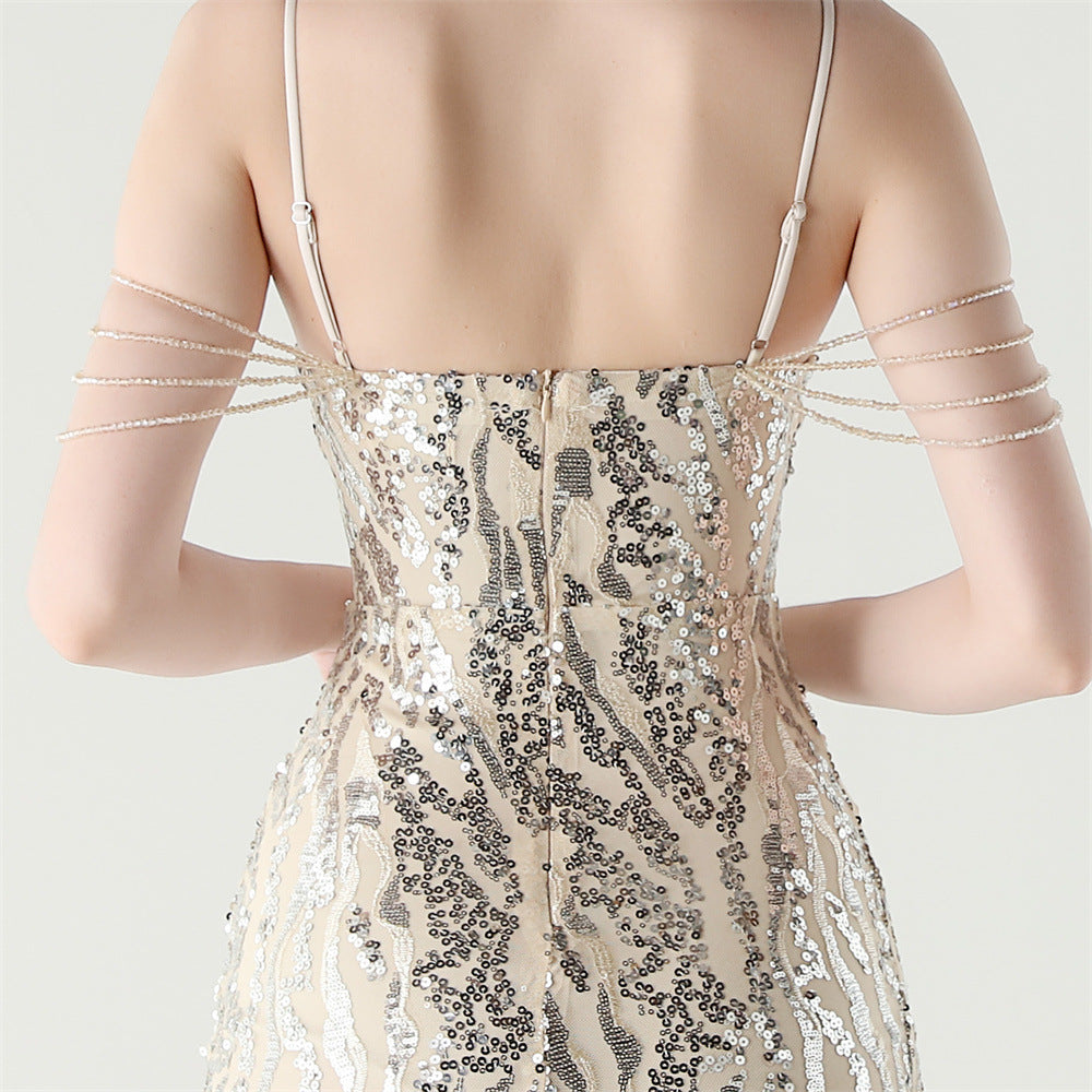 Sequin Shoulder Cascade Open-Shoulder Gown