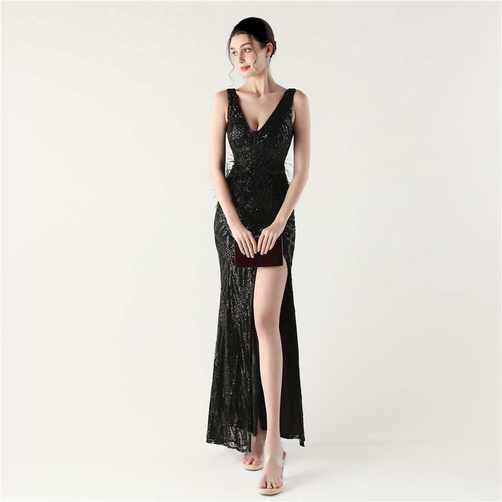 Feather Embellished Evening Gown with Side Slit