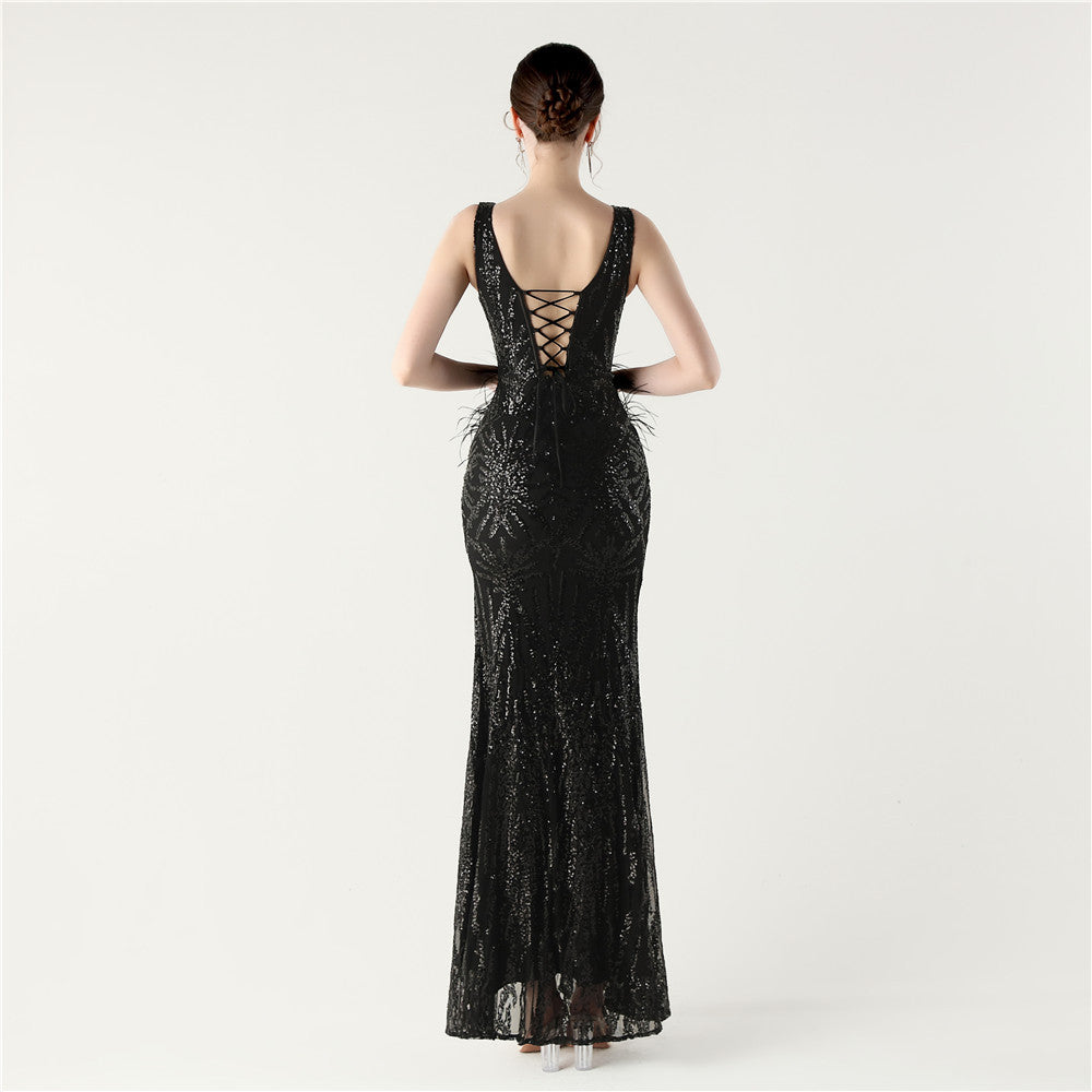 Feather Embellished Evening Gown with Side Slit