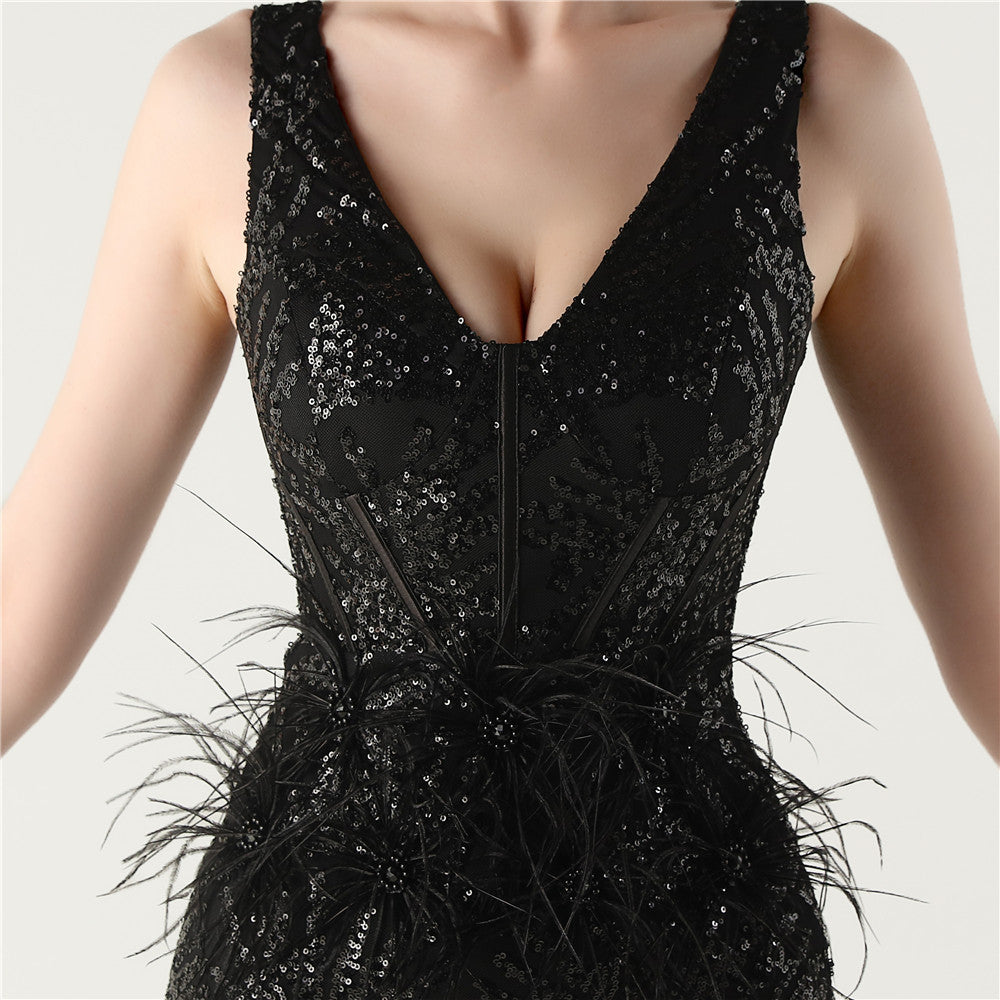 Feather Embellished Evening Gown with Side Slit