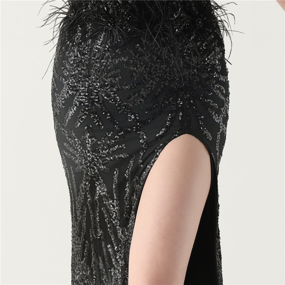 Feather Embellished Evening Gown with Side Slit