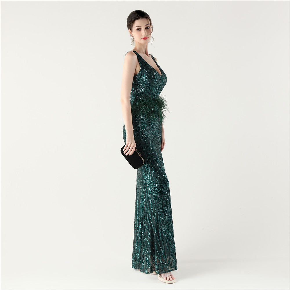 Feather Embellished Evening Gown with Side Slit