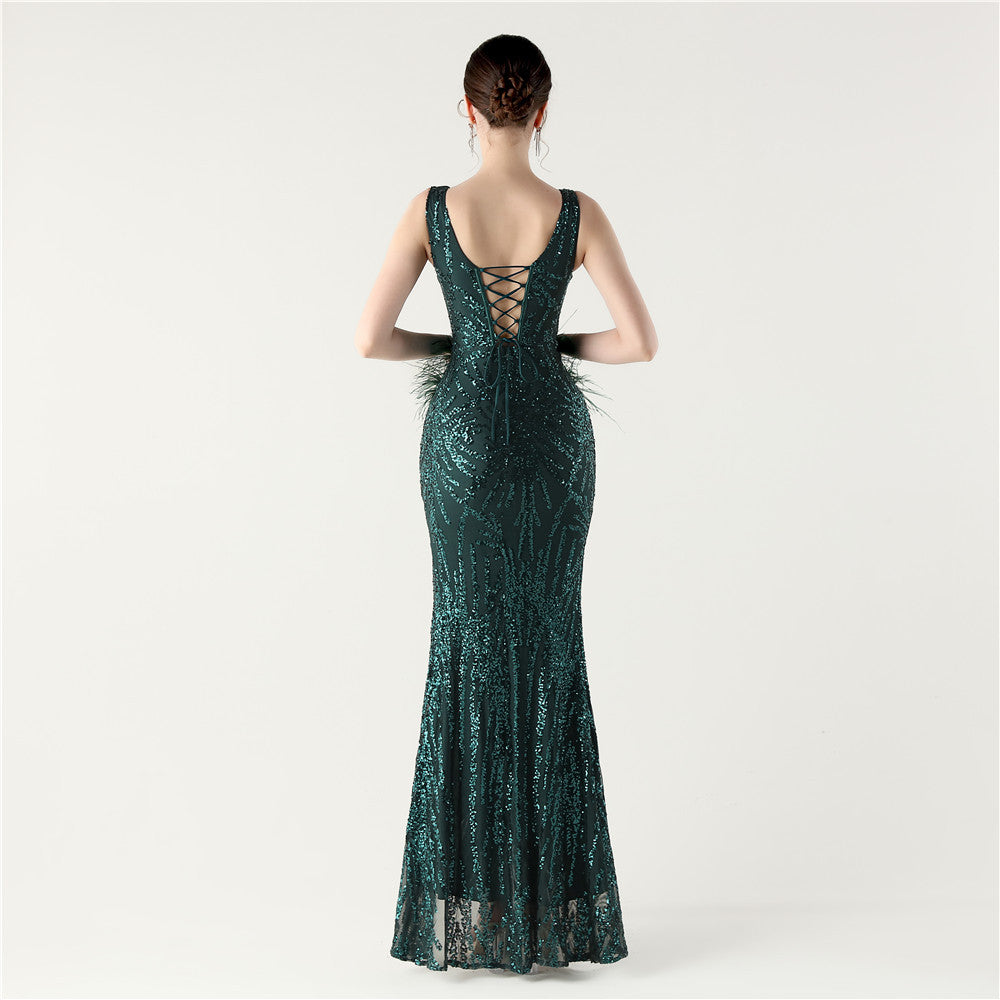 Feather Embellished Evening Gown with Side Slit
