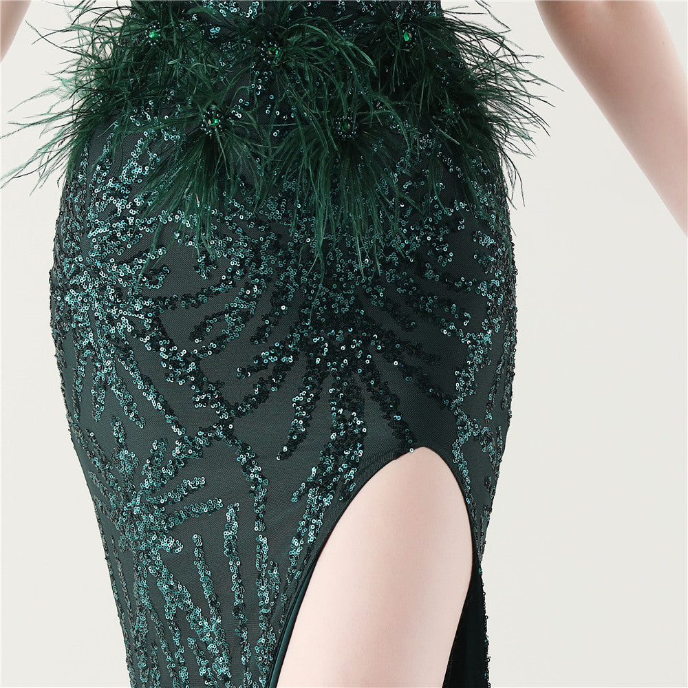 Feather Embellished Evening Gown with Side Slit