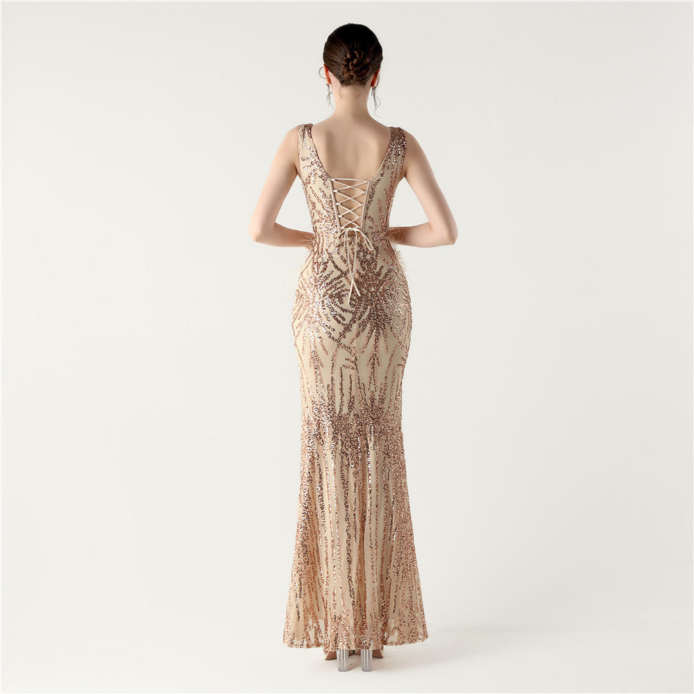 Feather Embellished Evening Gown with Side Slit
