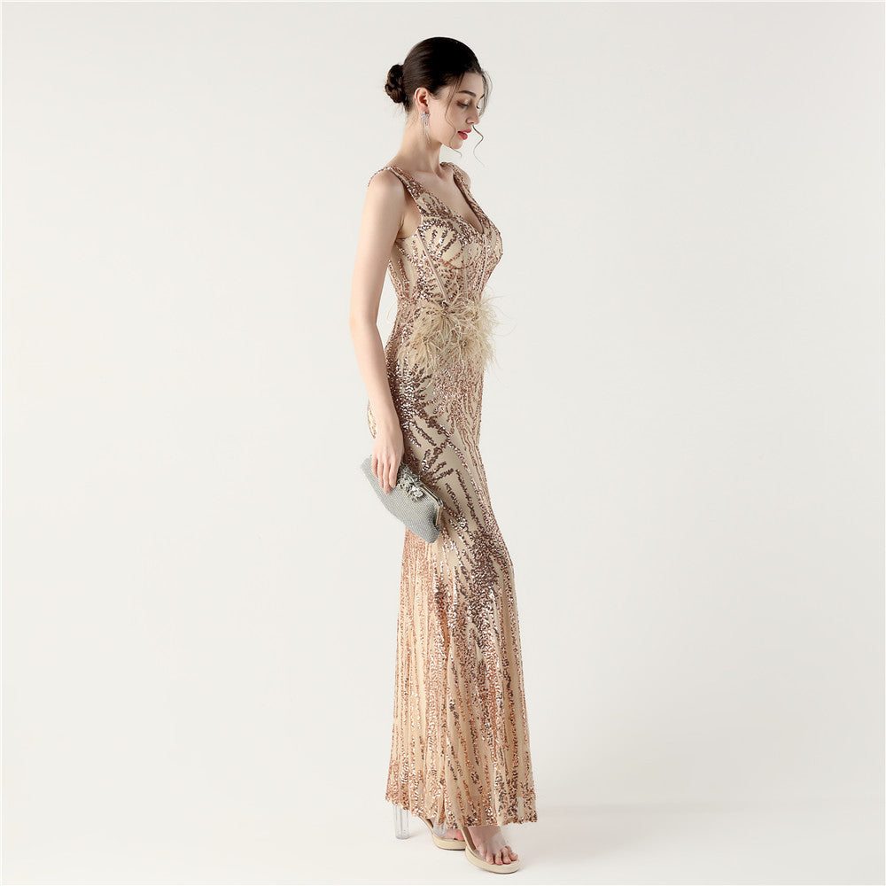 Feather Embellished Evening Gown with Side Slit
