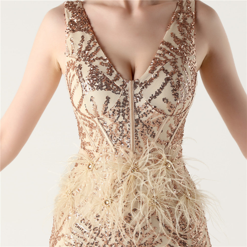 Feather Embellished Evening Gown with Side Slit