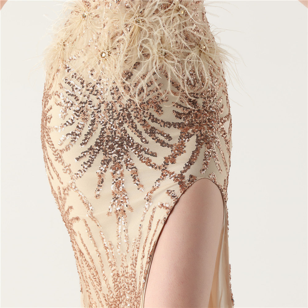 Feather Embellished Evening Gown with Side Slit
