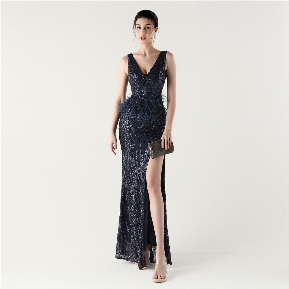 Feather Embellished Evening Gown with Side Slit