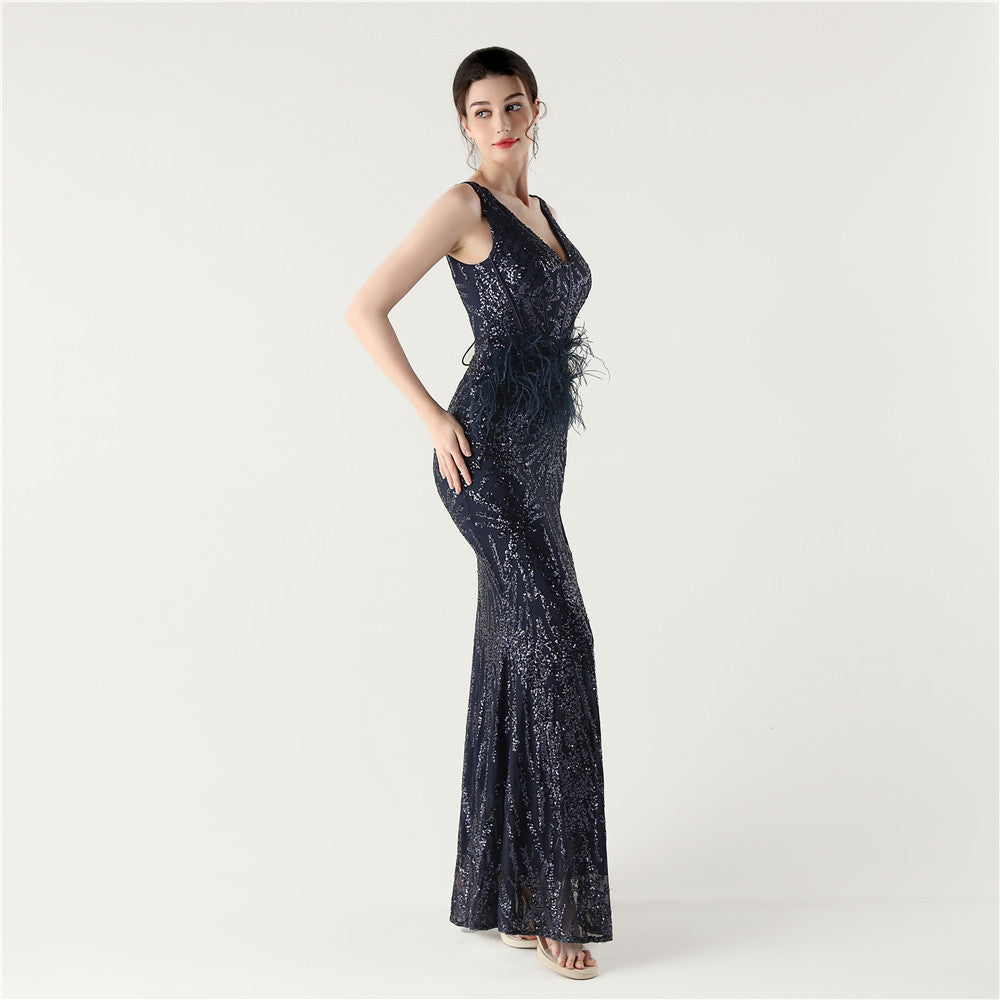 Feather Embellished Evening Gown with Side Slit