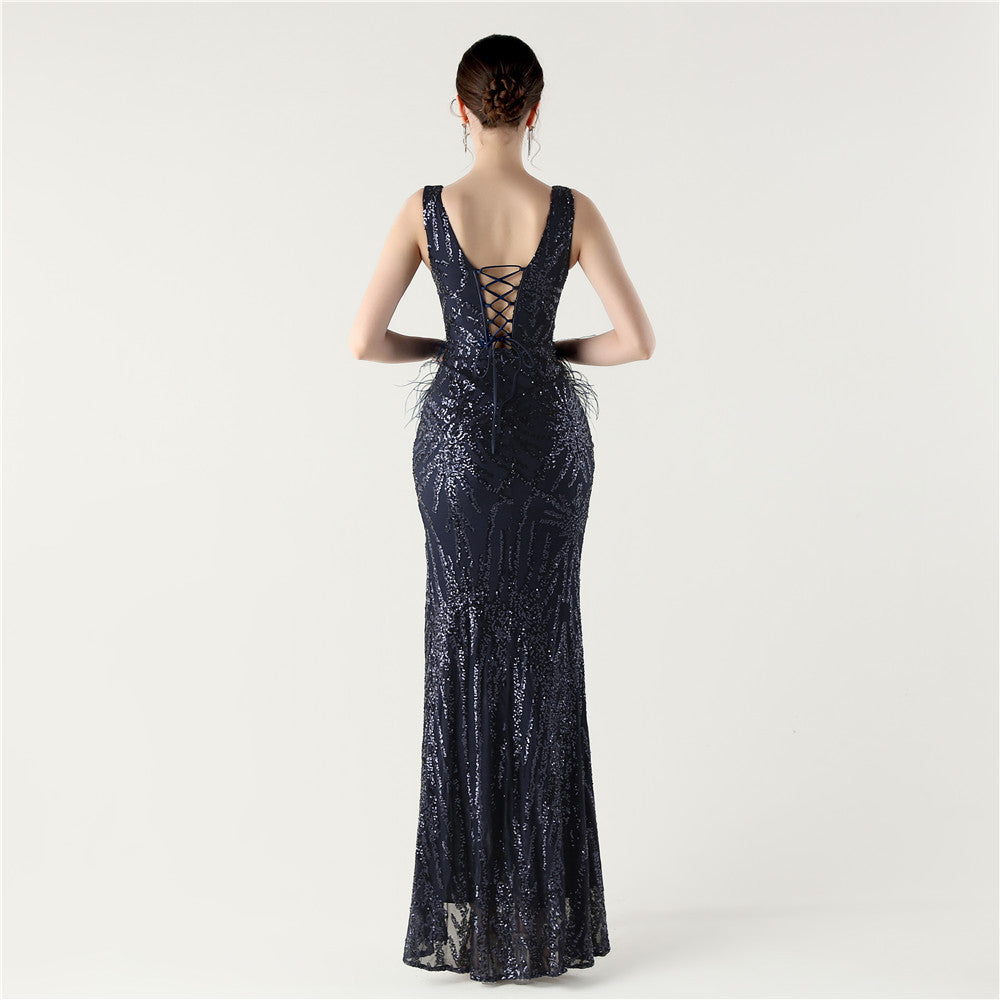 Feather Embellished Evening Gown with Side Slit