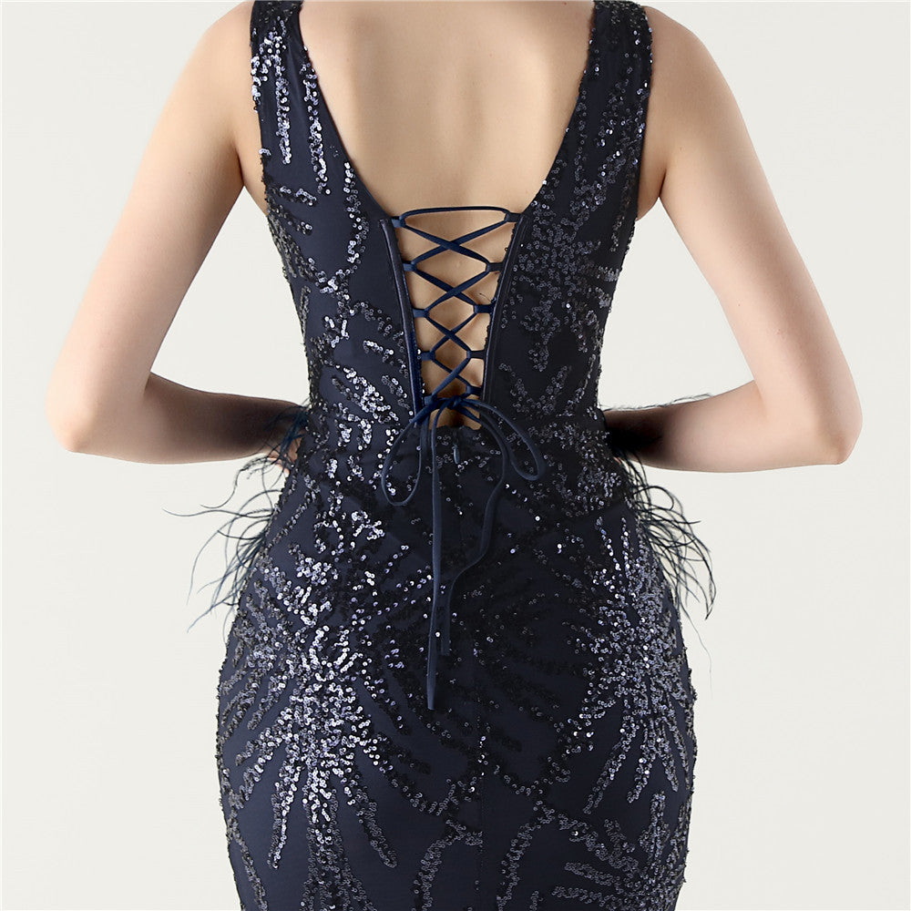 Feather Embellished Evening Gown with Side Slit