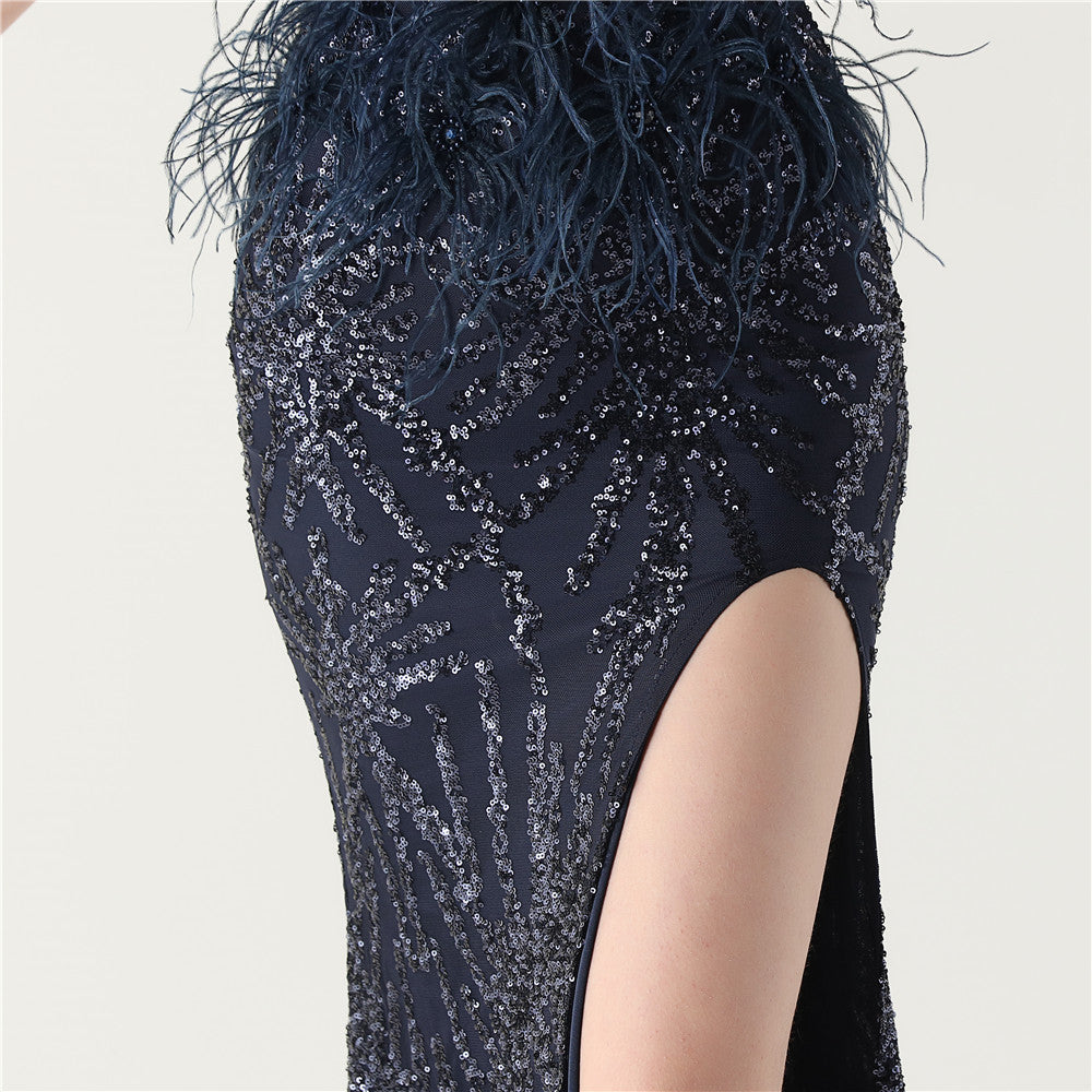 Feather Embellished Evening Gown with Side Slit