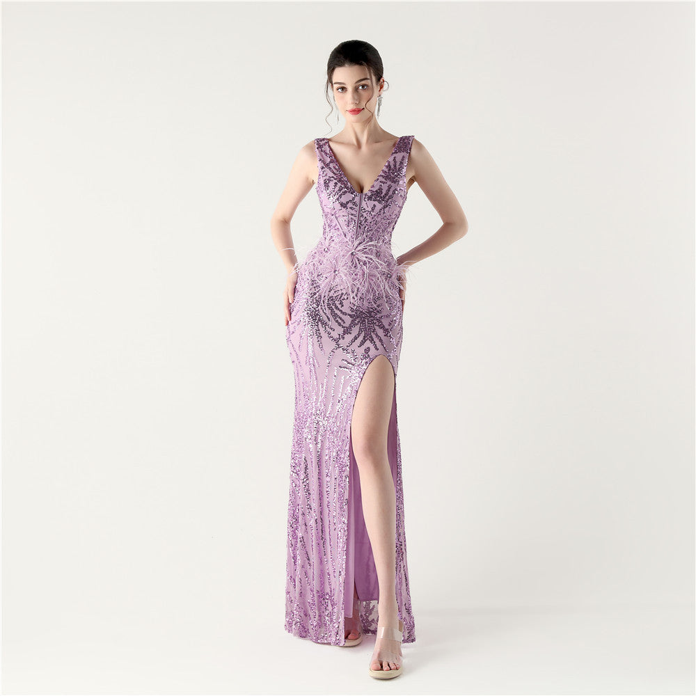 Feather Embellished Evening Gown with Side Slit