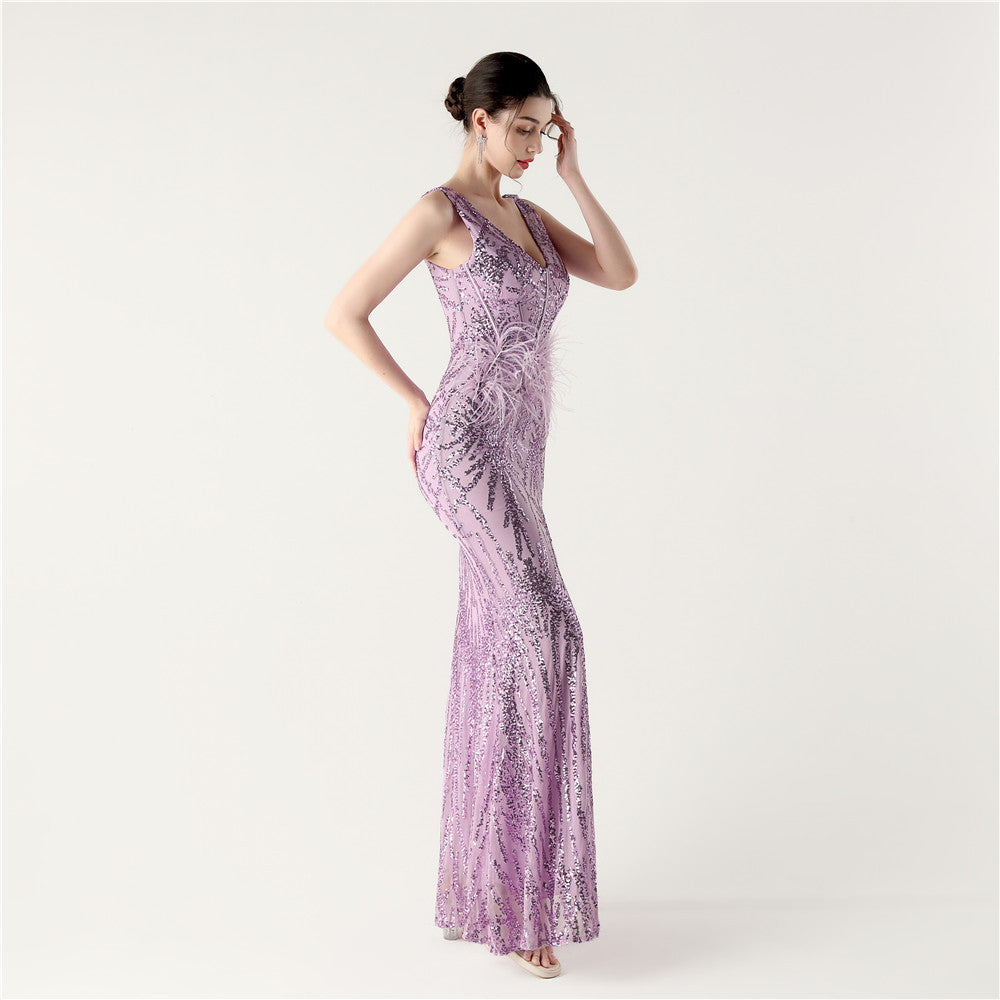 Feather Embellished Evening Gown with Side Slit